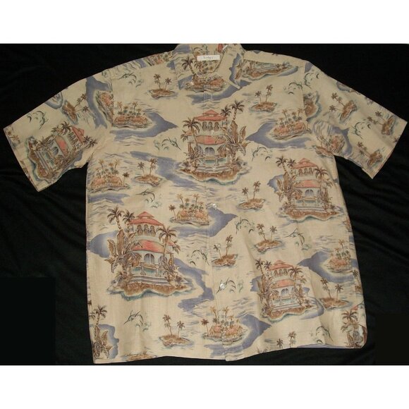Turnbury Beach Hut Marlin Palm Tree Hawaiian Camp Shirt Canoe Size Medium
